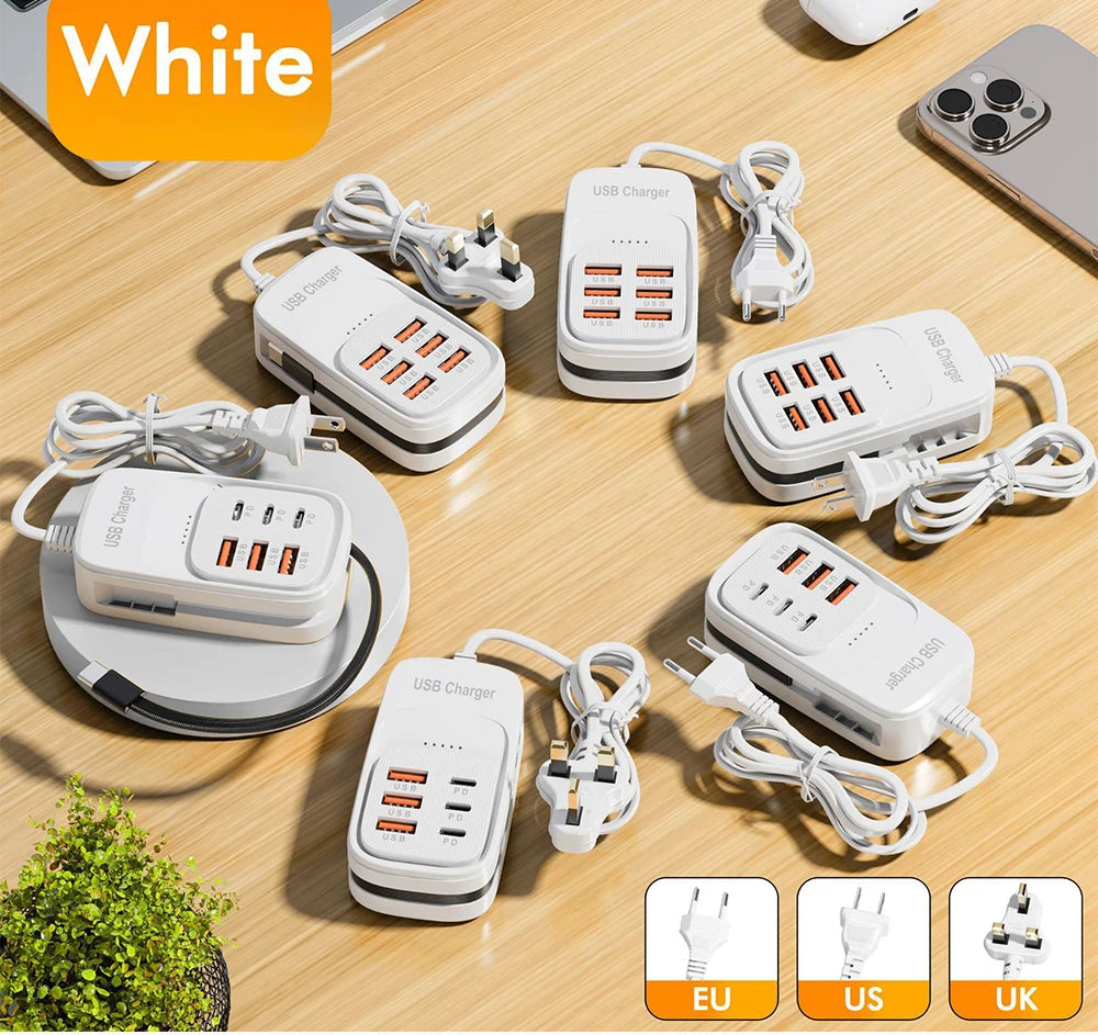 6-in-1 Fast Charging Station — USB Hub Power Strip with 3 PD & 3 USB Ports (US/UK/EU Plug) Kairos & Co.