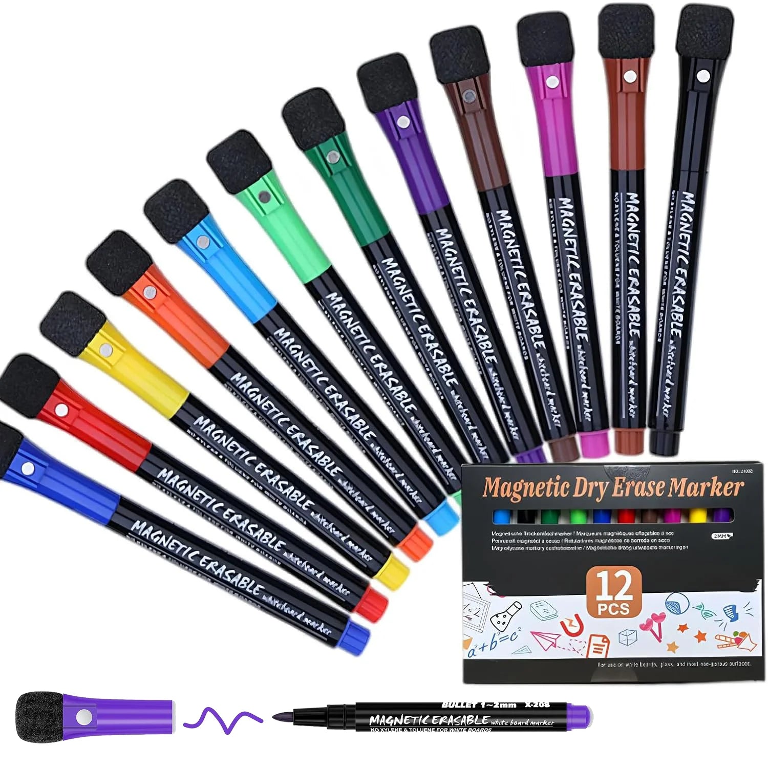 12-Color Dry Erase Marker Set – Magnetic Whiteboard Pens with Eraser Cap Kairos & Co.