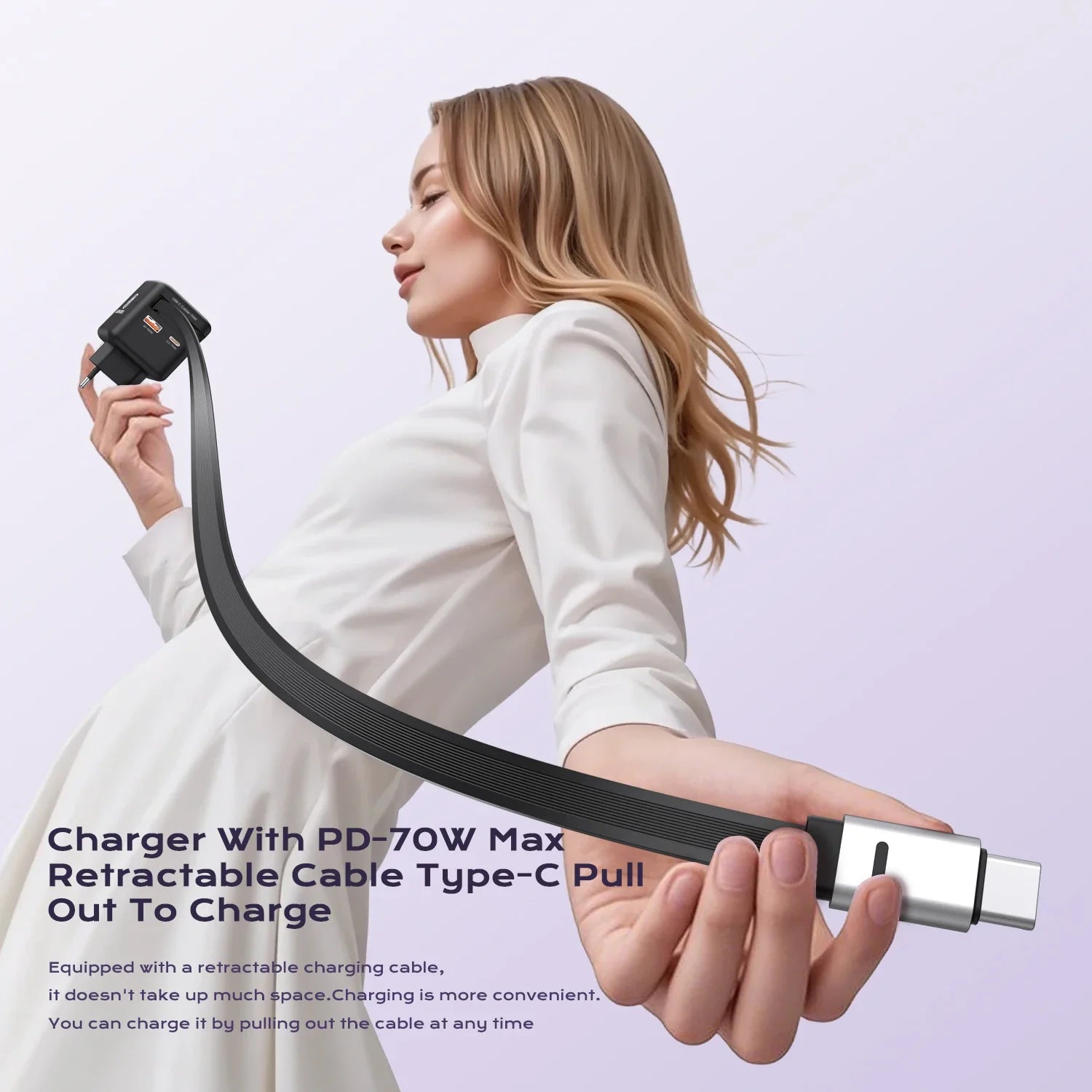 70W GaN Fast Charger — 3-in-1 Retractable USB-C Cable, PD3.0/QC4.0/PPS for iPhone, Xiaomi, Tablet & Laptop Kairos & Co.