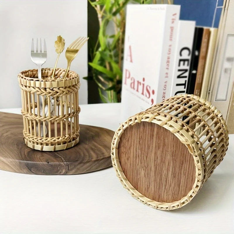 Hand-Woven Rattan Pen Holder & Stationery Organizer Kairos & Co.