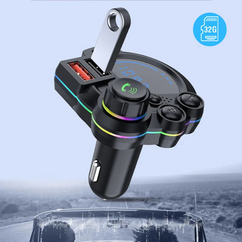 DriveSync FM Transmitter connected to car's cigarette lighter, displaying music controls