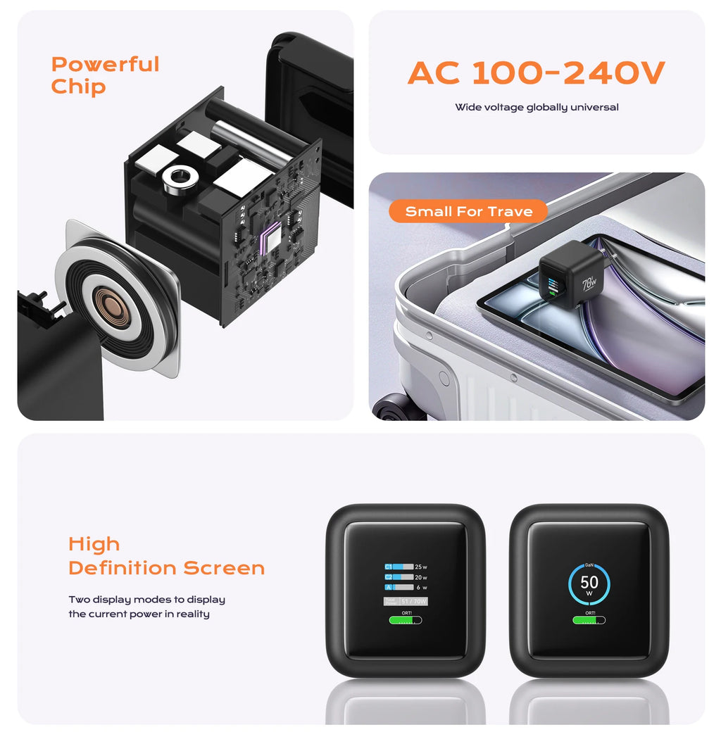 70W GaN Fast Charger — 3-in-1 Retractable USB-C Cable, PD3.0/QC4.0/PPS for iPhone, Xiaomi, Tablet & Laptop Kairos & Co.