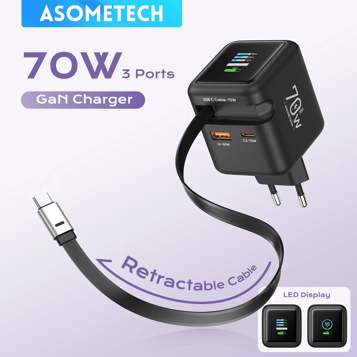 70W GaN Fast Charger — 3-in-1 Retractable USB-C Cable, PD3.0/QC4.0/PPS for iPhone, Xiaomi, Tablet & Laptop Kairos & Co.
