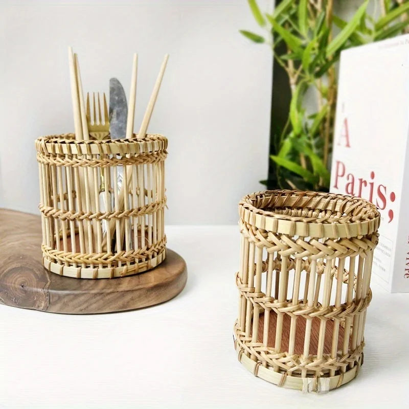 Hand-Woven Rattan Pen Holder & Stationery Organizer Kairos & Co.