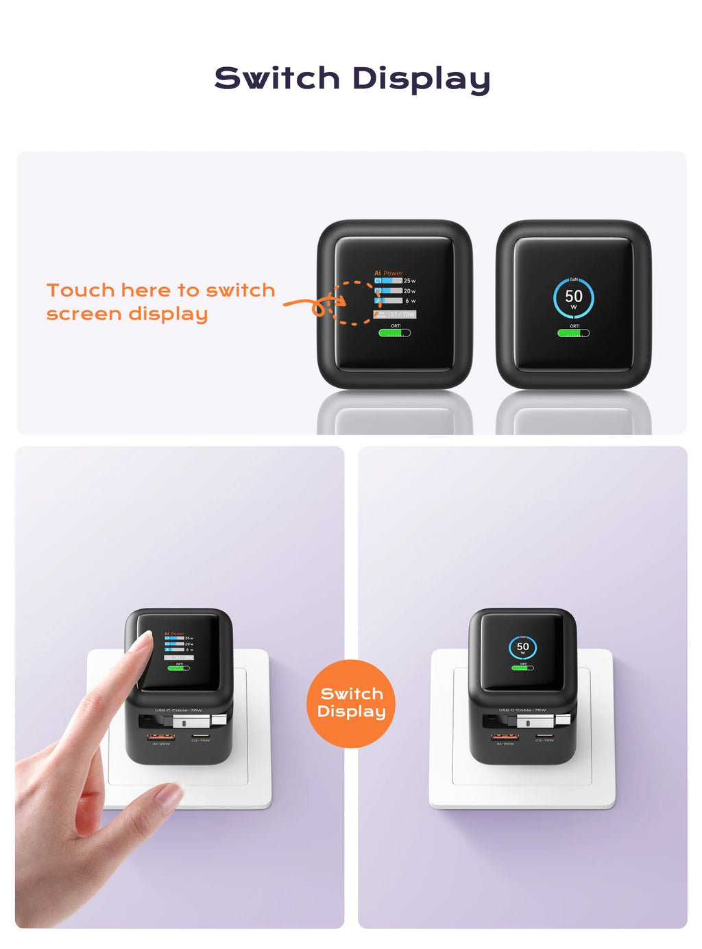 70W GaN Fast Charger — 3-in-1 Retractable USB-C Cable, PD3.0/QC4.0/PPS for iPhone, Xiaomi, Tablet & Laptop Kairos & Co.