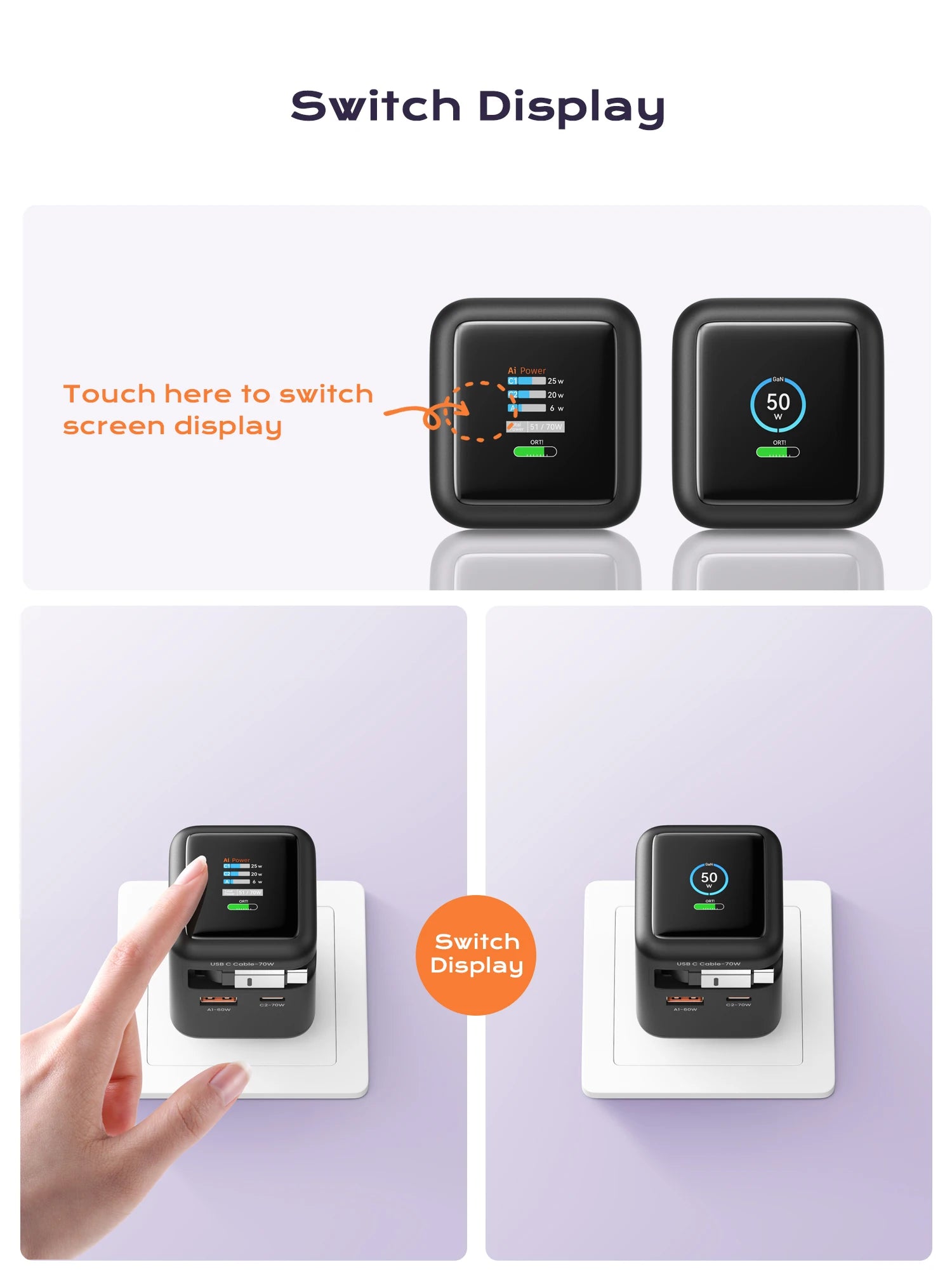 70W GaN Fast Charger — 3-in-1 Retractable USB-C Cable, PD3.0/QC4.0/PPS for iPhone, Xiaomi, Tablet & Laptop Kairos & Co.