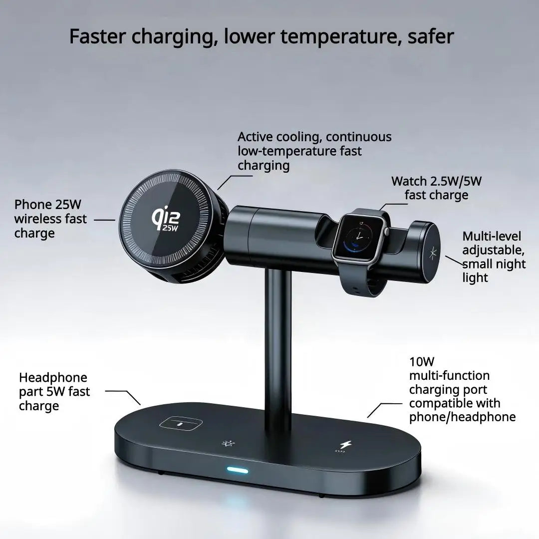 7-in-1 Magnetic Wireless Charging Stand — 25W Qi2.2 Fast Charger with Cooling Fan & LED for iPhone, Watch & AirPods Kairos & Co.