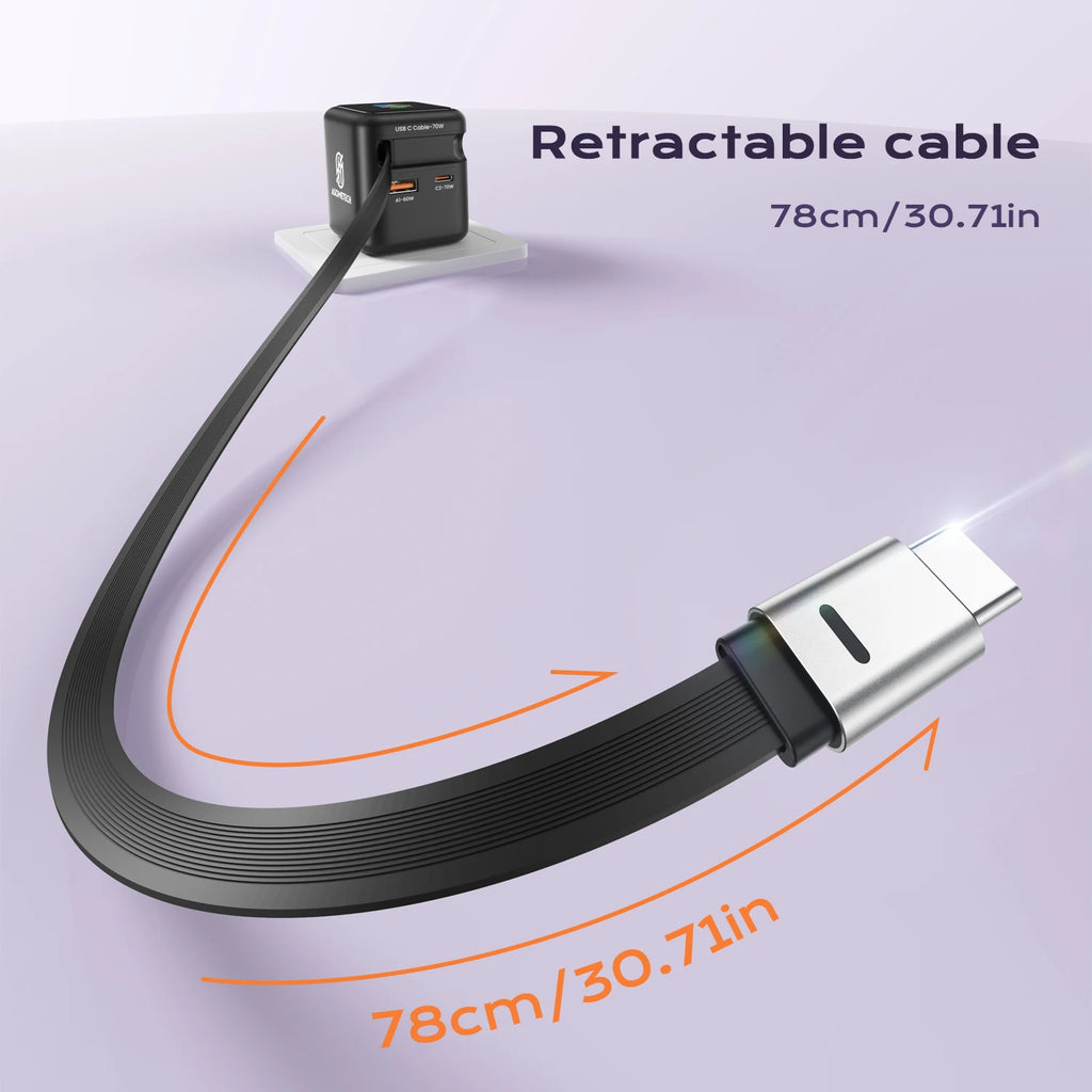 70W GaN Fast Charger — 3-in-1 Retractable USB-C Cable, PD3.0/QC4.0/PPS for iPhone, Xiaomi, Tablet & Laptop Kairos & Co.