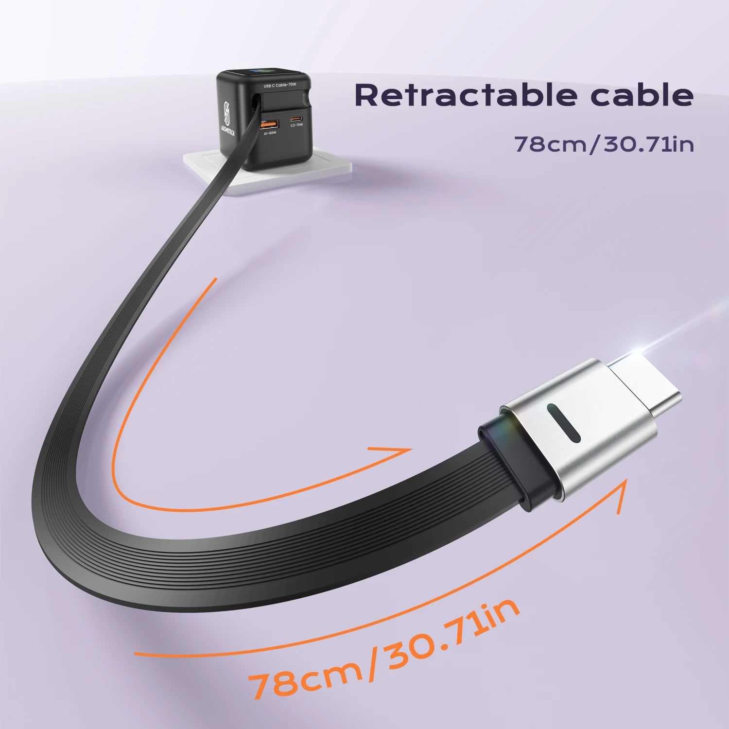 70W GaN Fast Charger — 3-in-1 Retractable USB-C Cable, PD3.0/QC4.0/PPS for iPhone, Xiaomi, Tablet & Laptop Kairos & Co.