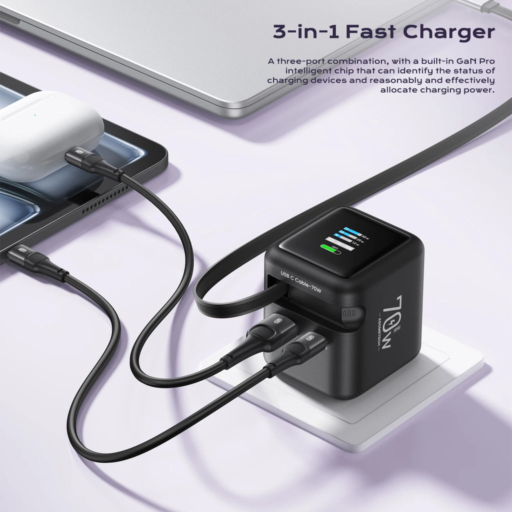 70W GaN Fast Charger — 3-in-1 Retractable USB-C Cable, PD3.0/QC4.0/PPS for iPhone, Xiaomi, Tablet & Laptop Kairos & Co.