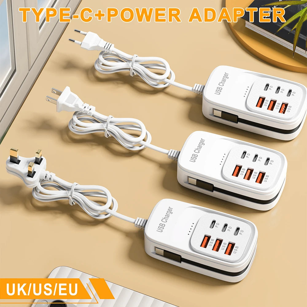 6-in-1 Fast Charging Station — USB Hub Power Strip with 3 PD & 3 USB Ports (US/UK/EU Plug) Kairos & Co.