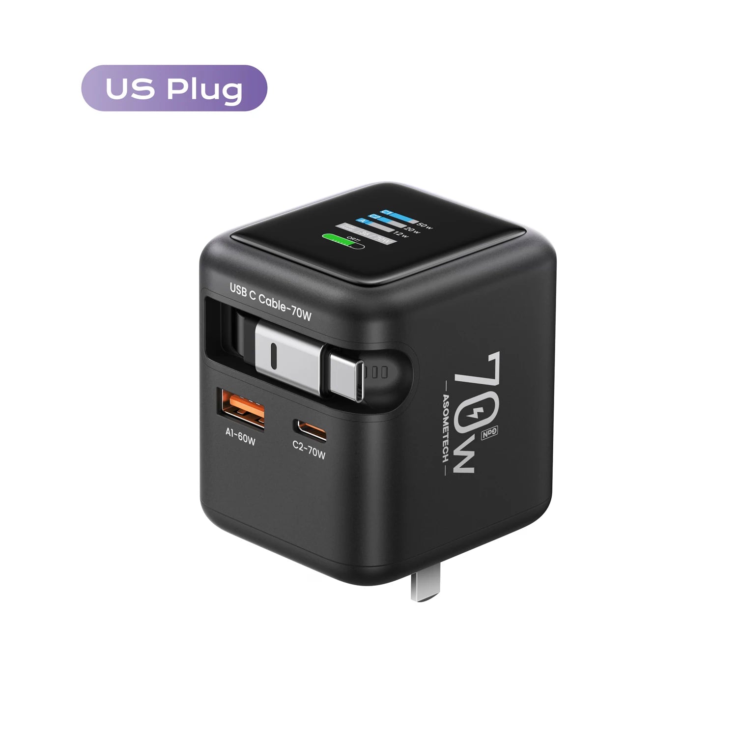 70W GaN Fast Charger — 3-in-1 Retractable USB-C Cable, PD3.0/QC4.0/PPS for iPhone, Xiaomi, Tablet & Laptop Kairos & Co.