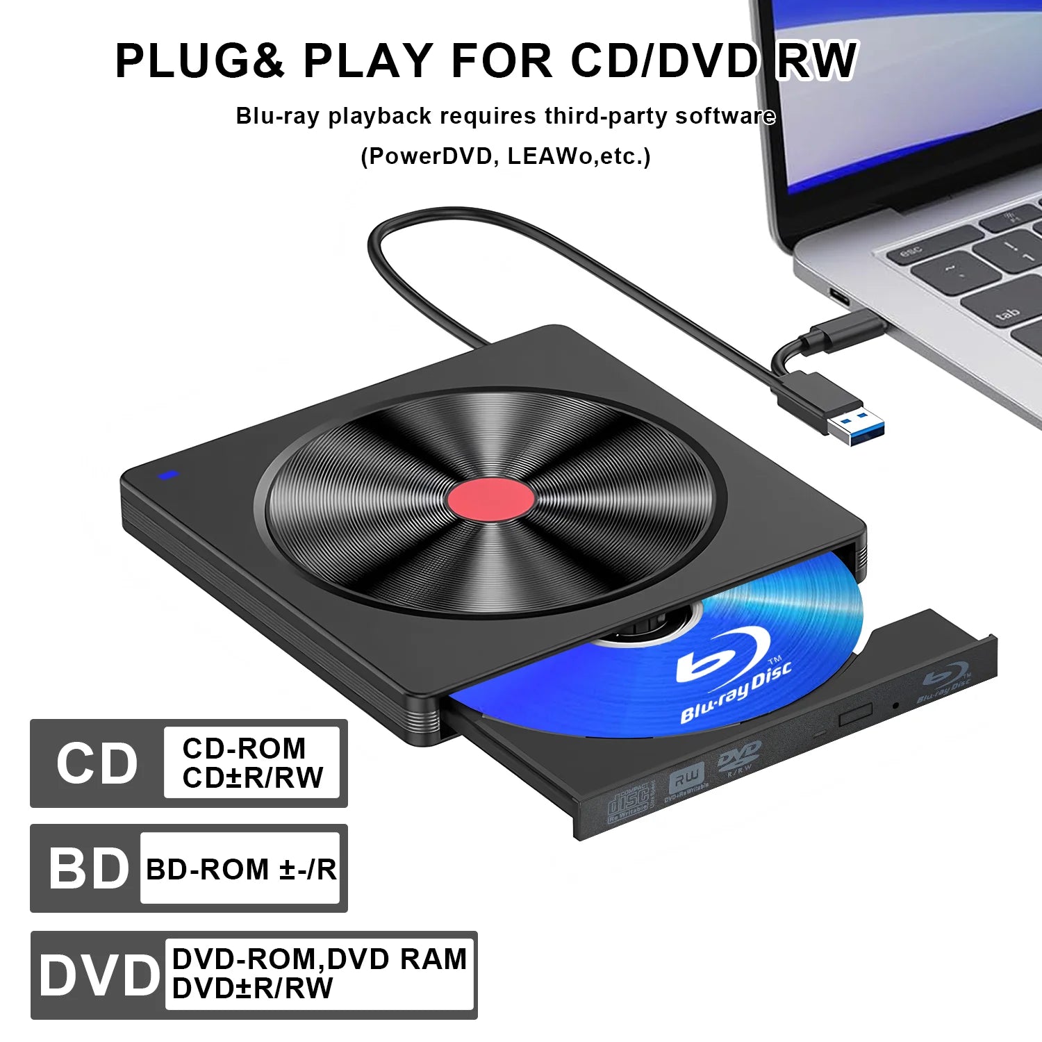 Portable External Blu-ray Drive – USB 3.0 & USB-C CD/DVD/BD Reader & Burner Kairos & Co.