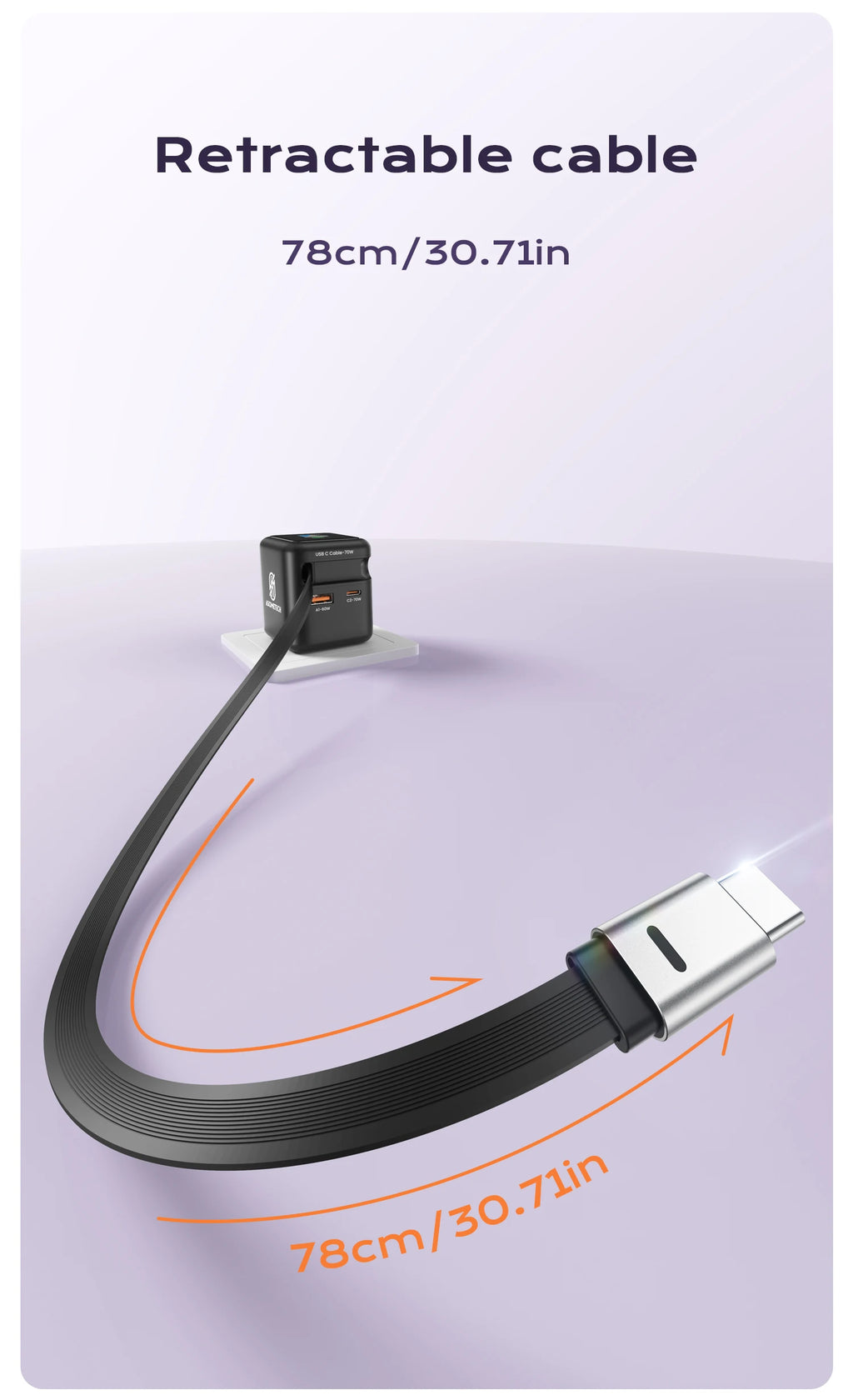 70W GaN Fast Charger — 3-in-1 Retractable USB-C Cable, PD3.0/QC4.0/PPS for iPhone, Xiaomi, Tablet & Laptop Kairos & Co.