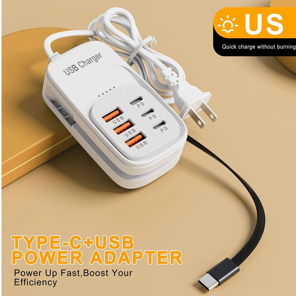 6-in-1 Fast Charging Station — USB Hub Power Strip with 3 PD & 3 USB Ports (US/UK/EU Plug) Kairos & Co.