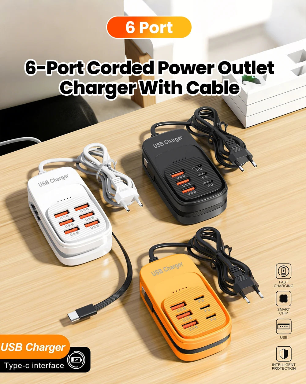 6-in-1 Fast Charging Station — USB Hub Power Strip with 3 PD & 3 USB Ports (US/UK/EU Plug) Kairos & Co.