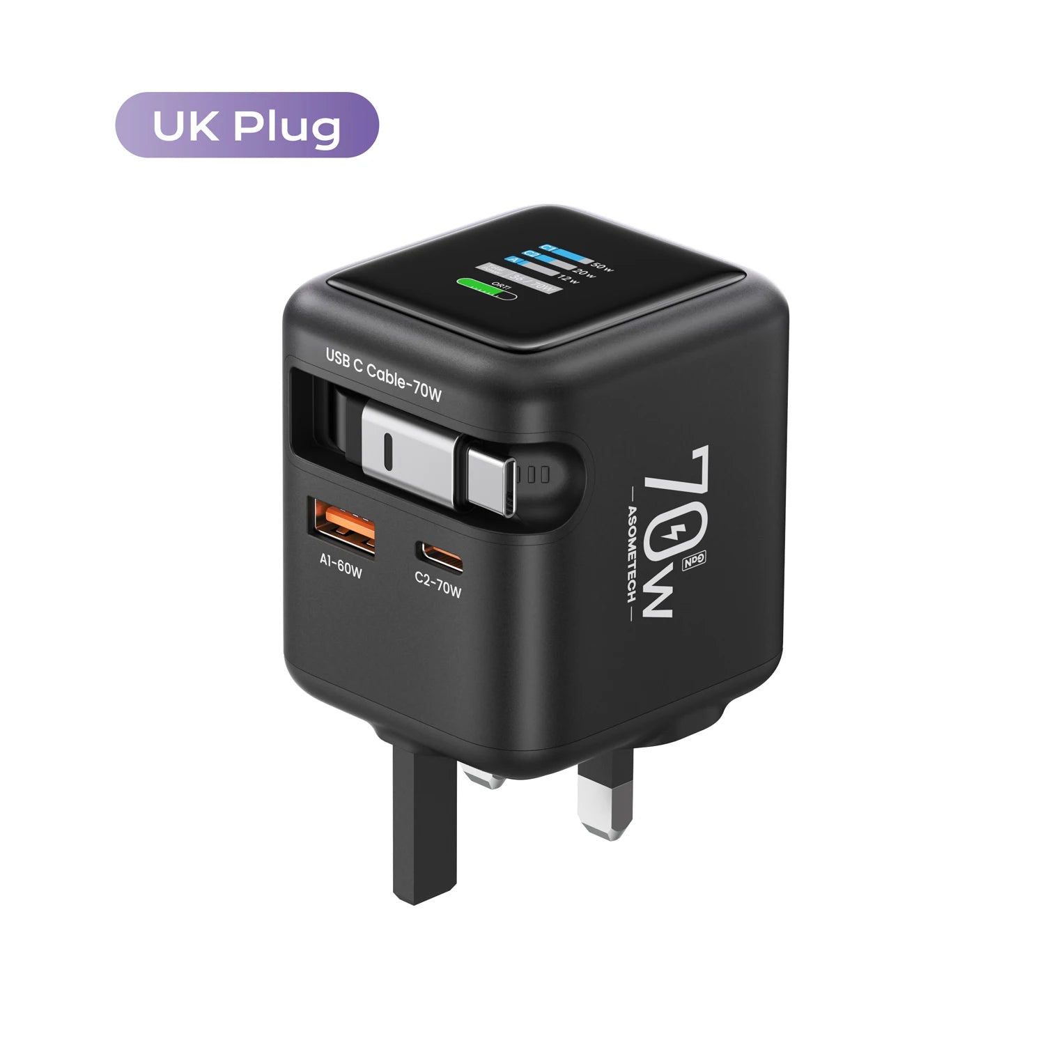 70W GaN Fast Charger — 3-in-1 Retractable USB-C Cable, PD3.0/QC4.0/PPS for iPhone, Xiaomi, Tablet & Laptop Kairos & Co.
