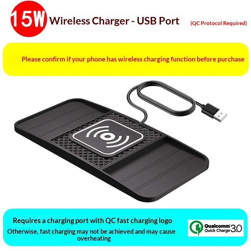 15W Fast Wireless Charging Pad — Non-Slip Car Mat Charger, USB-Powered & Lightweight Kairos & Co.