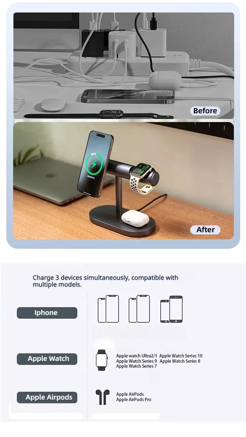 7-in-1 Magnetic Wireless Charging Stand — 25W Qi2.2 Fast Charger with Cooling Fan & LED for iPhone, Watch & AirPods Kairos & Co.