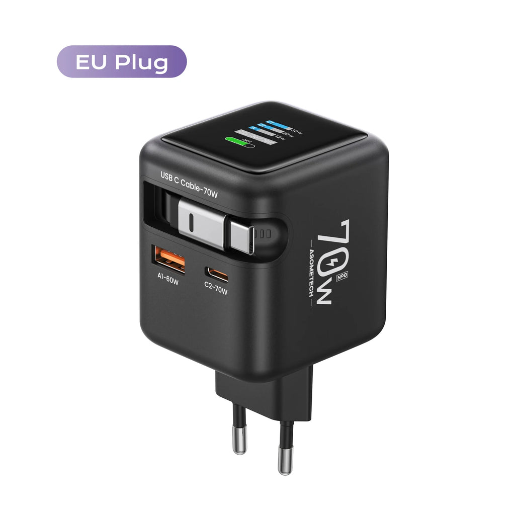 70W GaN Fast Charger — 3-in-1 Retractable USB-C Cable, PD3.0/QC4.0/PPS for iPhone, Xiaomi, Tablet & Laptop Kairos & Co.