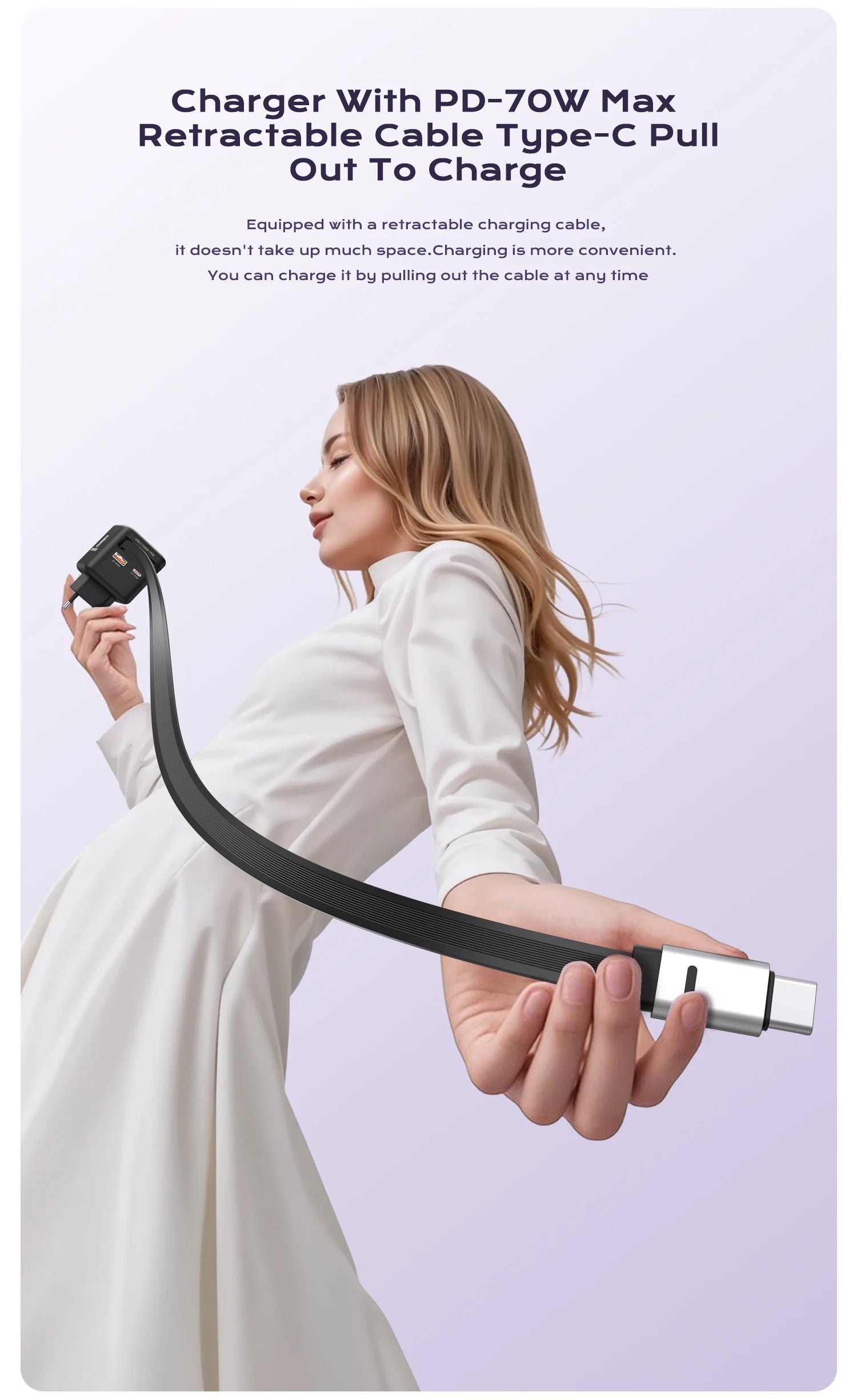70W GaN Fast Charger — 3-in-1 Retractable USB-C Cable, PD3.0/QC4.0/PPS for iPhone, Xiaomi, Tablet & Laptop Kairos & Co.