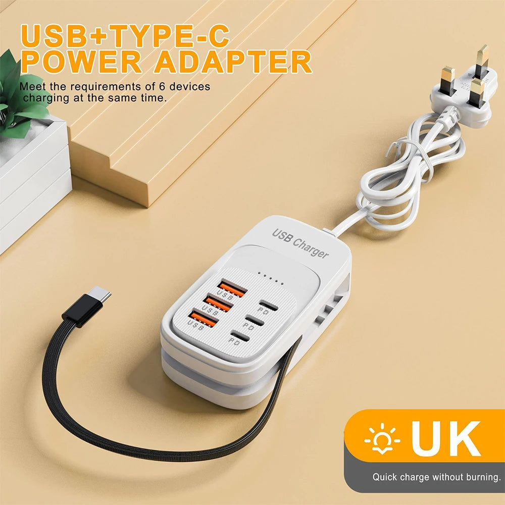 6-in-1 Fast Charging Station — USB Hub Power Strip with 3 PD & 3 USB Ports (US/UK/EU Plug) Kairos & Co.