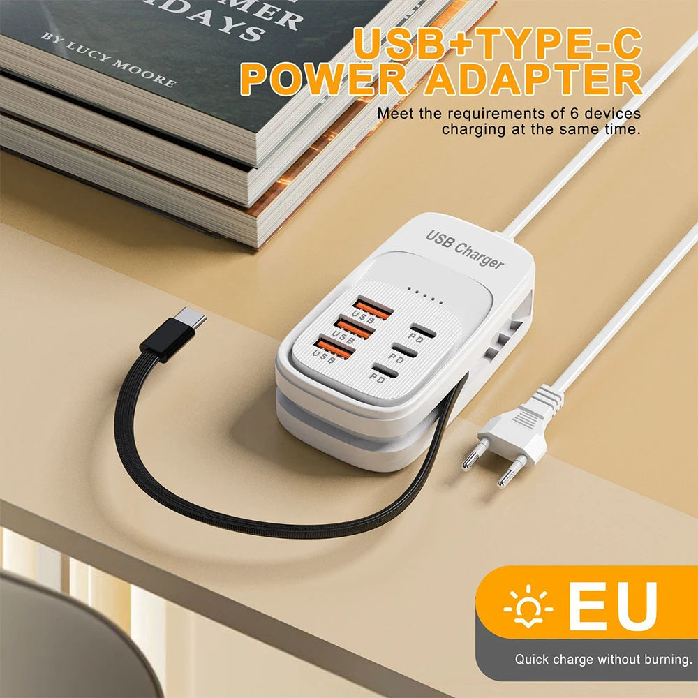 6-in-1 Fast Charging Station — USB Hub Power Strip with 3 PD & 3 USB Ports (US/UK/EU Plug) Kairos & Co.