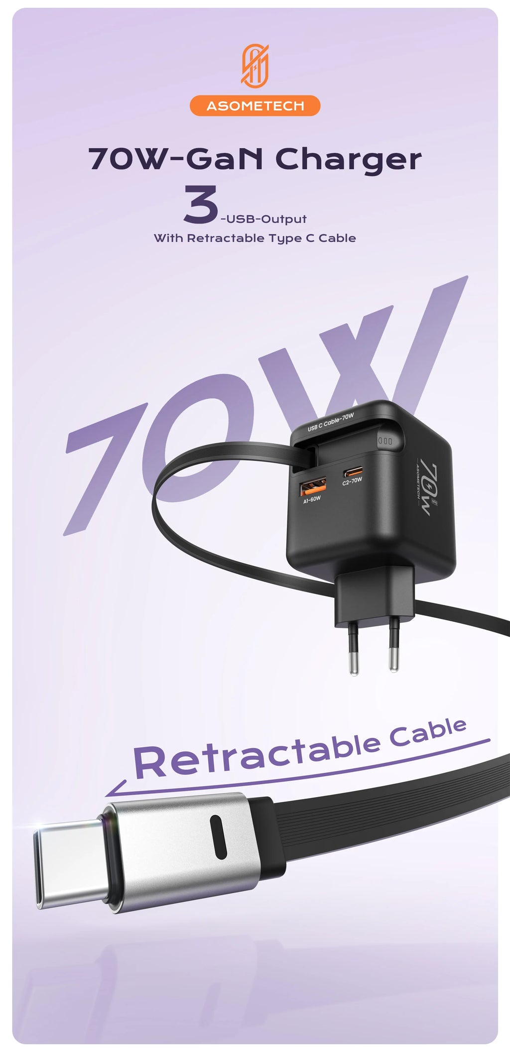 70W GaN Fast Charger — 3-in-1 Retractable USB-C Cable, PD3.0/QC4.0/PPS for iPhone, Xiaomi, Tablet & Laptop Kairos & Co.