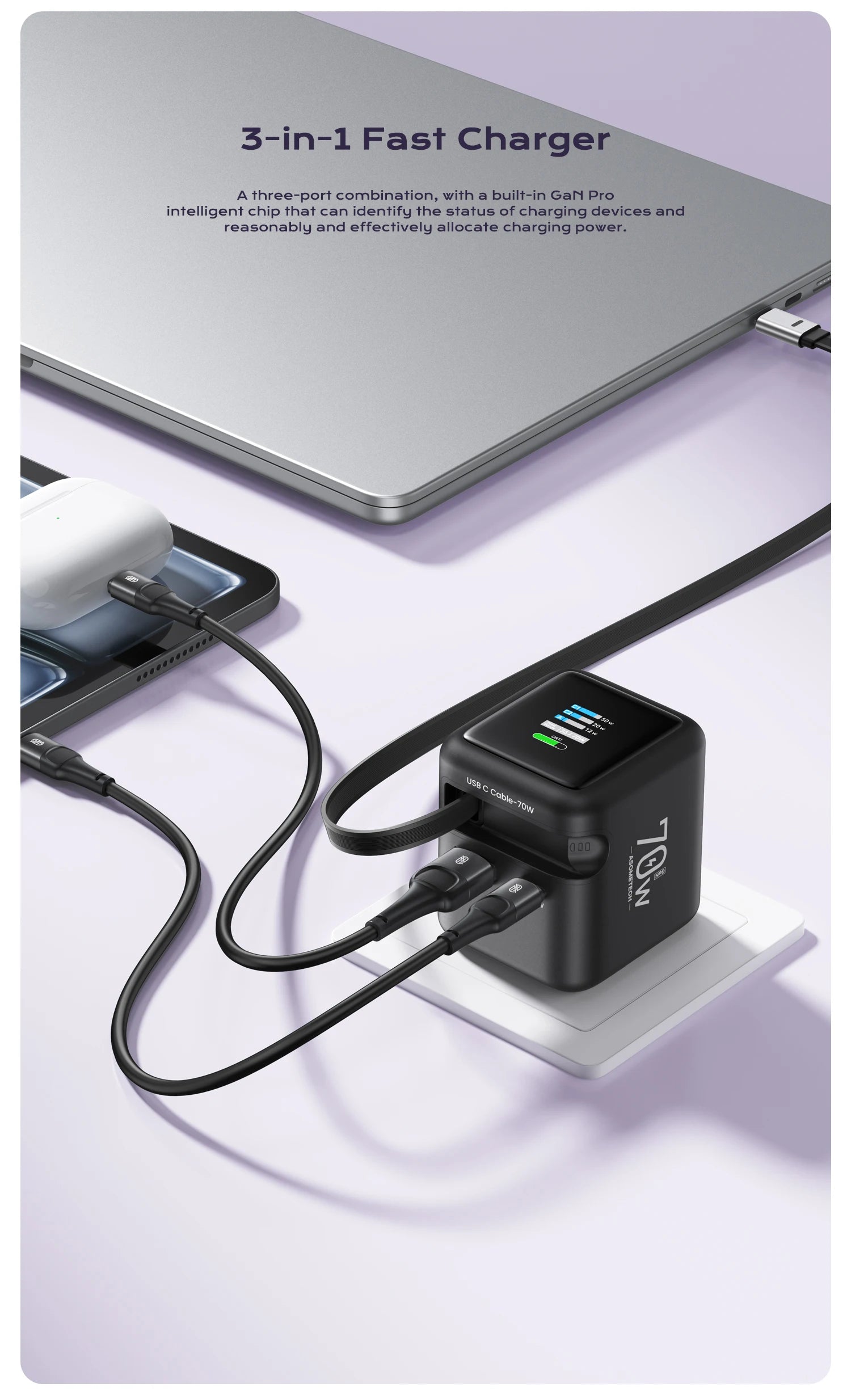 70W GaN Fast Charger — 3-in-1 Retractable USB-C Cable, PD3.0/QC4.0/PPS for iPhone, Xiaomi, Tablet & Laptop Kairos & Co.