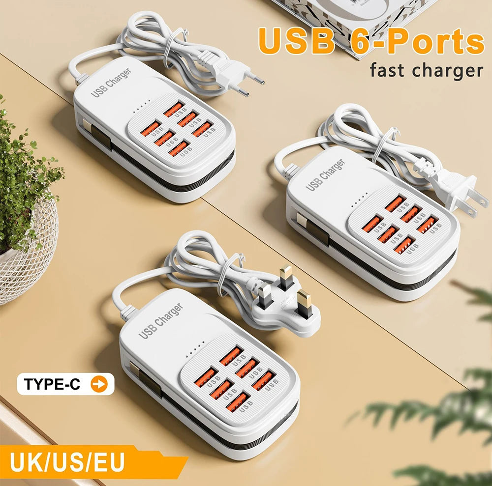 6-in-1 Fast Charging Station — USB Hub Power Strip with 3 PD & 3 USB Ports (US/UK/EU Plug) Kairos & Co.