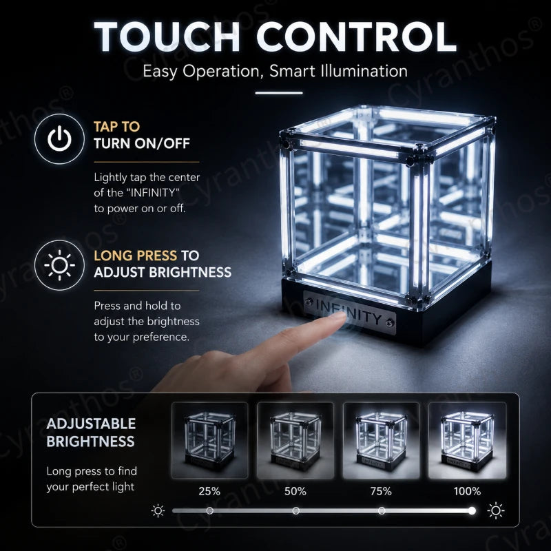 InfinityGlow Cube 4D light illusion creating a mesmerizing glow in a room